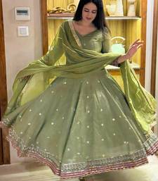 Green silk blend embroidered anarkali suit set