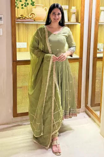 Green silk blend embroidered anarkali suit set