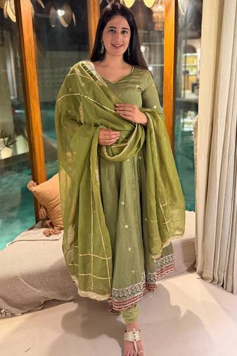 Green silk blend embroidered anarkali suit set