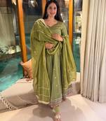Green silk blend embroidered anarkali suit set