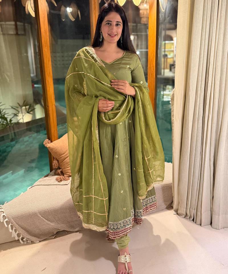 Green silk blend embroidered anarkali suit set
