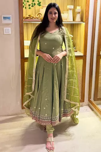 Green silk blend embroidered anarkali suit set