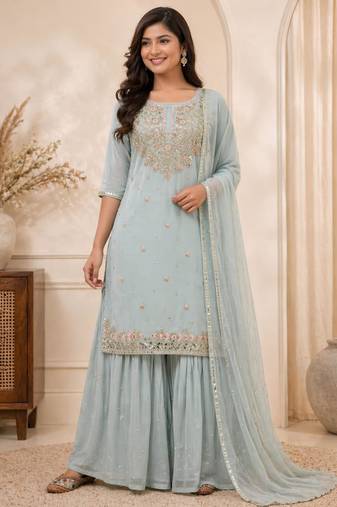 Sky blue faux georgette embroidered palazzo set