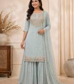 Sky blue faux georgette embroidered palazzo set