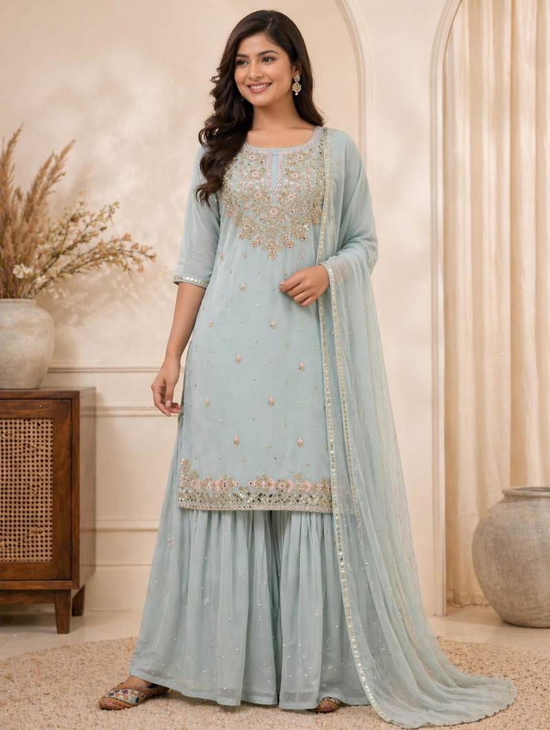 Sky blue faux georgette embroidered palazzo set