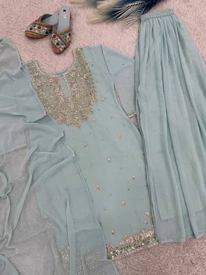 Sky blue faux georgette embroidered palazzo set 2