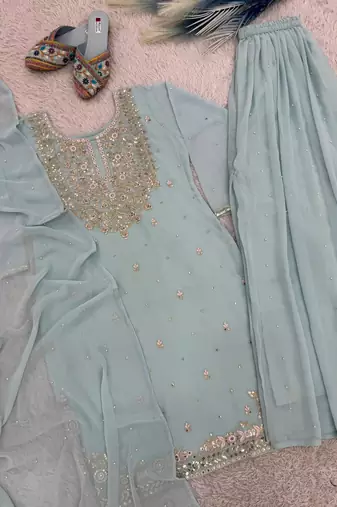 Sky blue faux georgette embroidered palazzo set