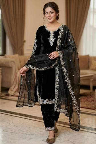 Black silk blend embroidered