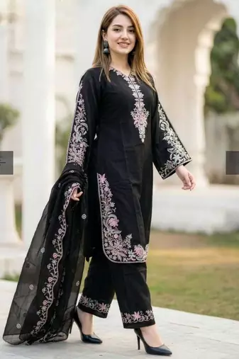Black silk blend embroidered