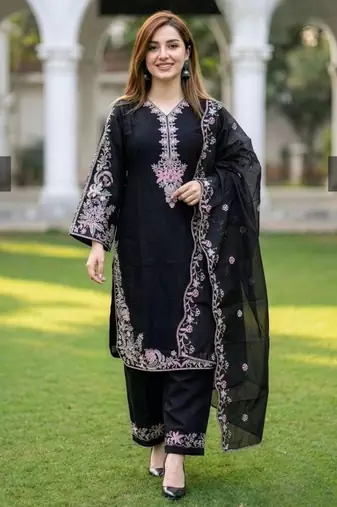 Black silk blend embroidered