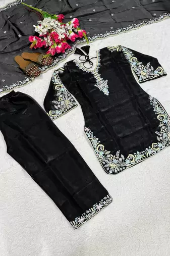 Black silk blend embroidered