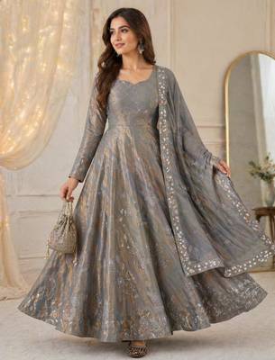 Grey silk blend embroidered anarkali set 1