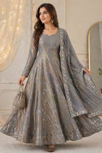 Grey silk blend embroidered anarkali set