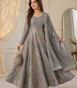 Grey silk blend embroidered anarkali set