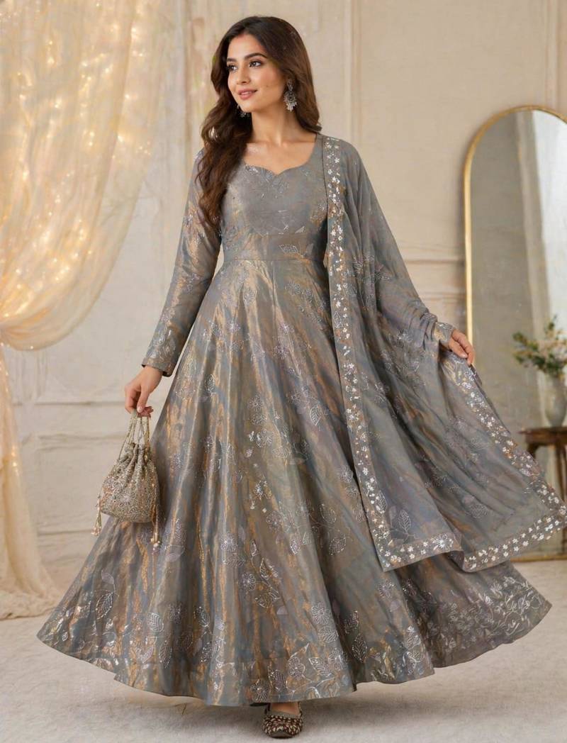 Grey silk blend embroidered anarkali set