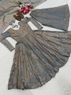 Grey silk blend embroidered anarkali set 2