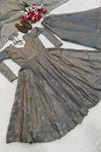 Grey silk blend embroidered anarkali set