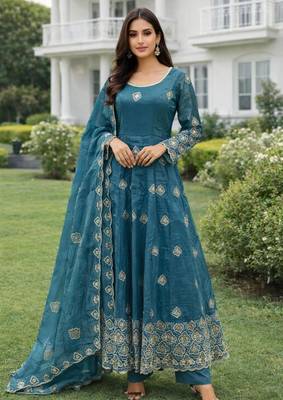 Blue silk blend embroidered anarkali gown three piece set 2