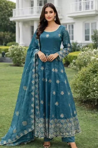 Blue silk blend embroidered anarkali gown three piece set