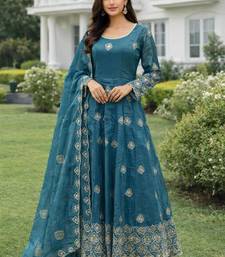 Blue silk blend embroidered anarkali gown three piece set