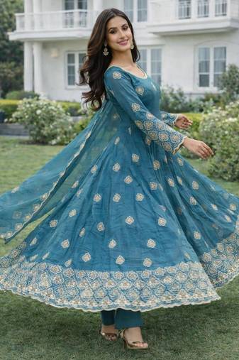 Blue silk blend embroidered anarkali gown three piece set