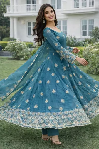 Blue silk blend embroidered anarkali gown three piece set