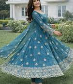 Blue silk blend embroidered anarkali gown three piece set