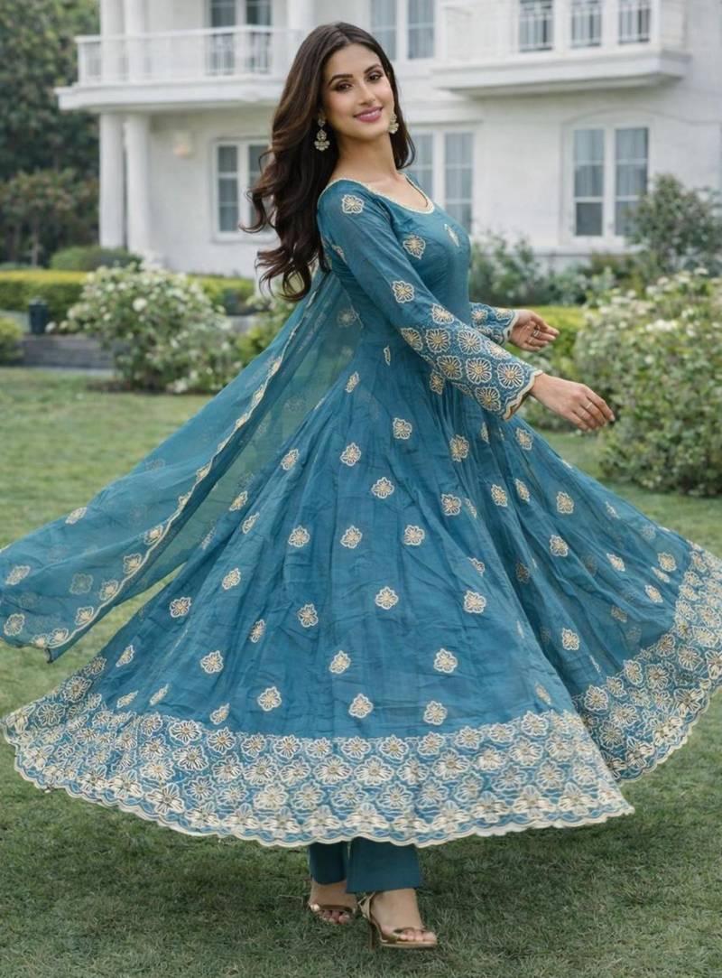 Blue silk blend embroidered anarkali gown three piece set