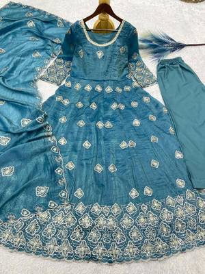 Blue silk blend embroidered anarkali gown three piece set 3