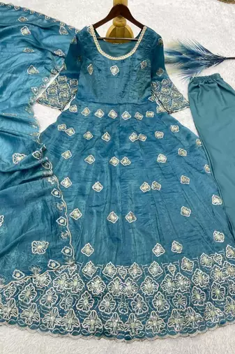 Blue silk blend embroidered anarkali gown three piece set