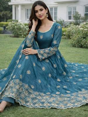 Blue silk blend embroidered anarkali gown three piece set 4