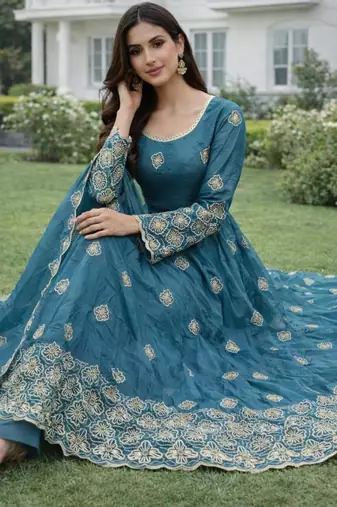 Blue silk blend embroidered anarkali gown three piece set