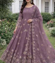Lavender silk blend embroidered anarkali gown three piece set