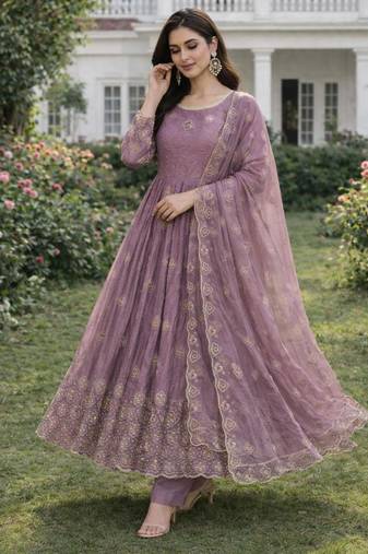 Lavender silk blend embroidered anarkali gown three piece set