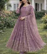 Lavender silk blend embroidered anarkali gown three piece set