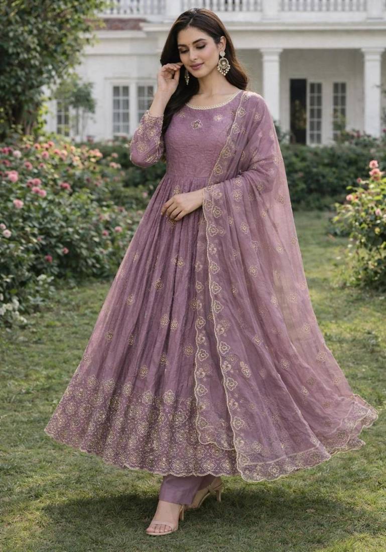 Lavender silk blend embroidered anarkali gown three piece set