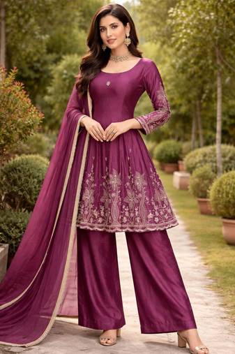 Plum silk blend embroidered farshi plazzo set