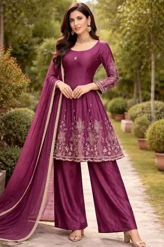 Plum silk blend embroidered farshi plazzo set
