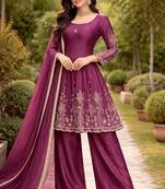 Plum silk blend embroidered farshi plazzo set