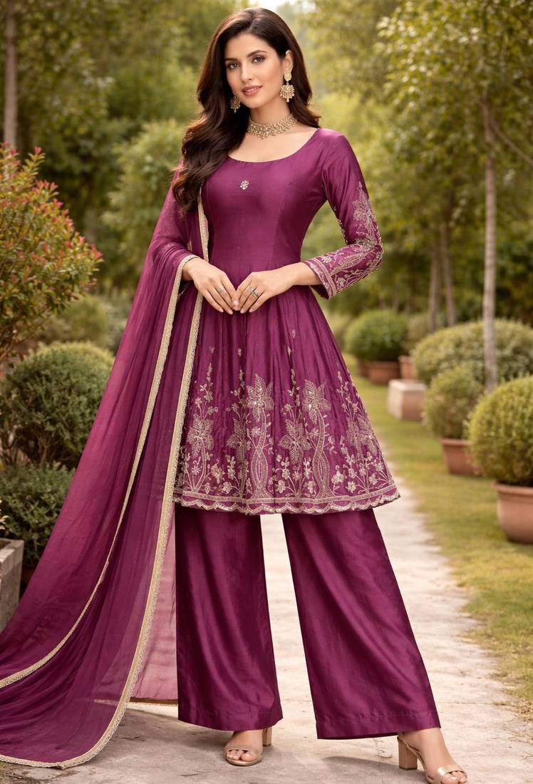 Plum silk blend embroidered farshi plazzo set