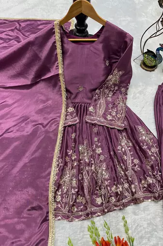 Plum silk blend embroidered farshi plazzo set