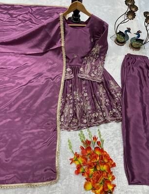 Plum silk blend embroidered farshi plazzo set 3