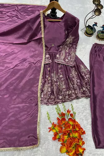 Plum silk blend embroidered farshi plazzo set