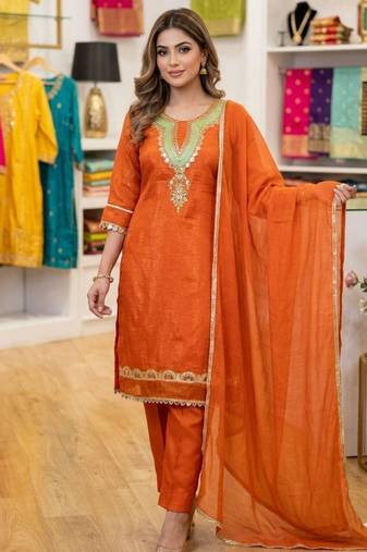 Orange silk blend embroidered trouser set