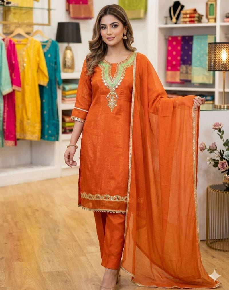 Orange silk blend embroidered trouser set