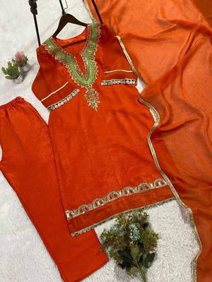 Orange silk blend embroidered trouser set 2
