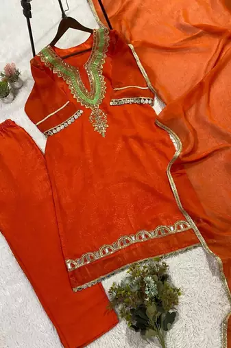 Orange silk blend embroidered trouser set