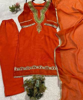 Orange silk blend embroidered trouser set 3