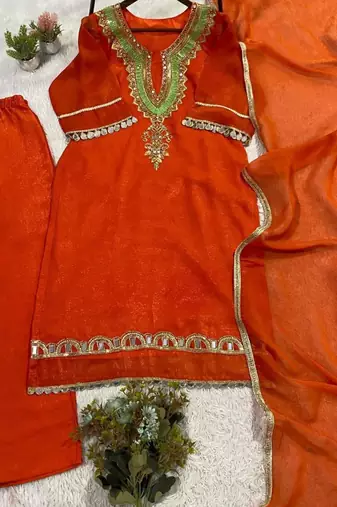 Orange silk blend embroidered trouser set