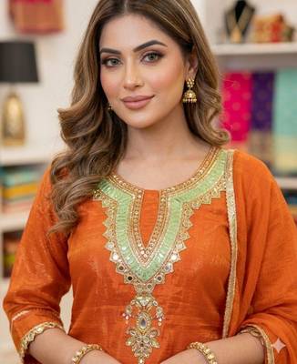 Orange silk blend embroidered trouser set 4